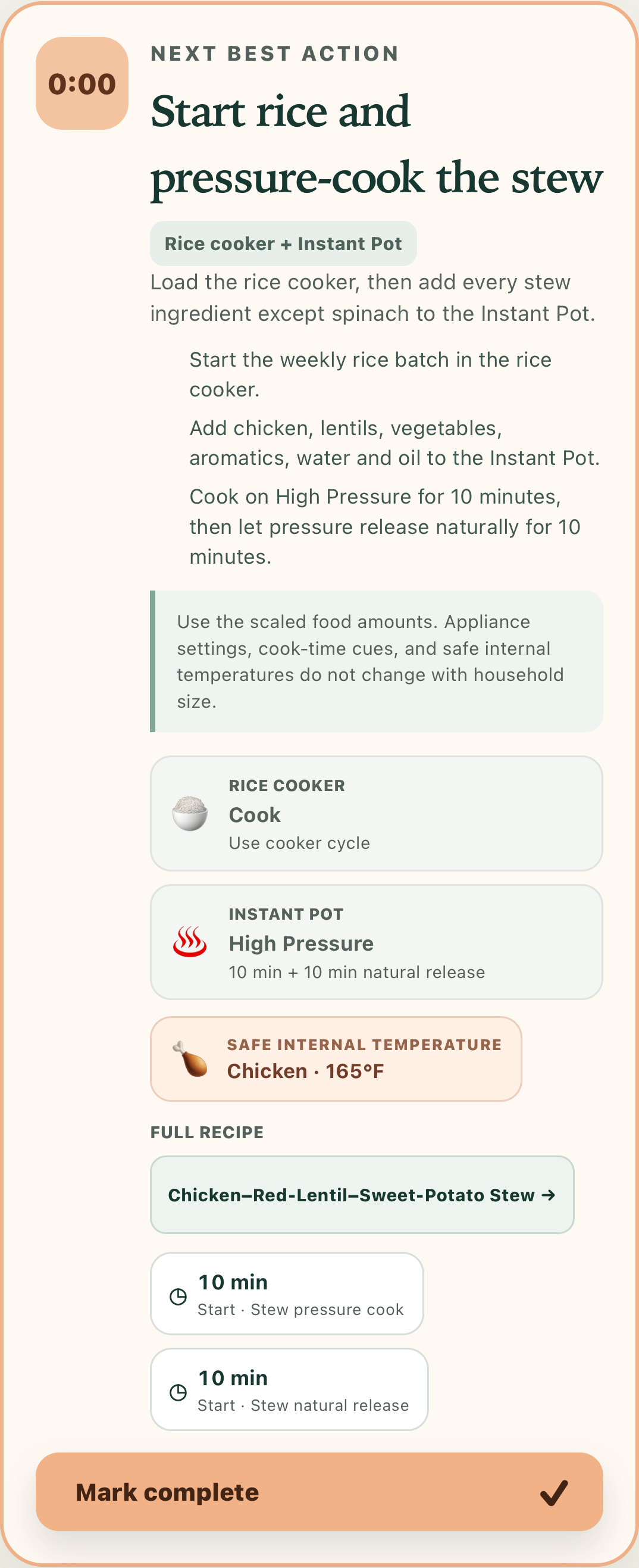Complete Cook 1 active task with settings, ingredients, temperature, and timer