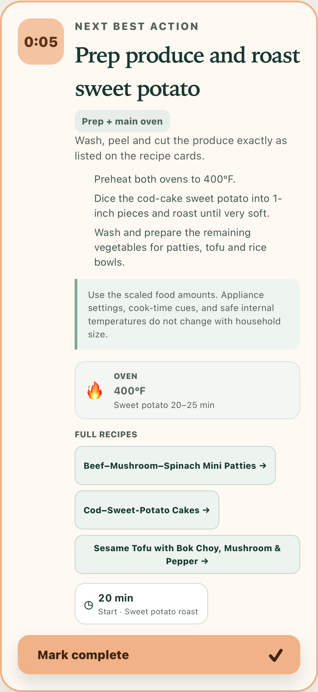 Complete Cook 2 active task with settings, ingredients, temperature, and timer