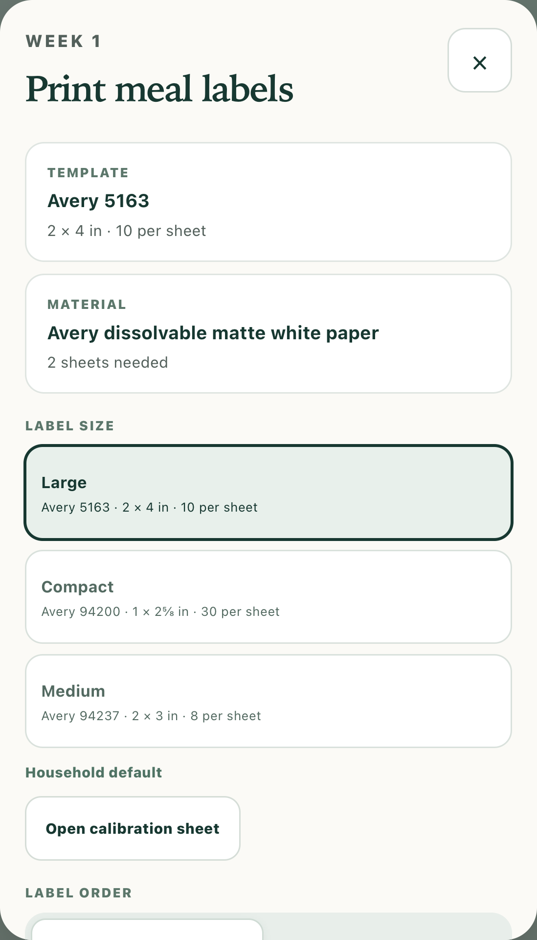 Meal label printer with Avery layout selection and print preview