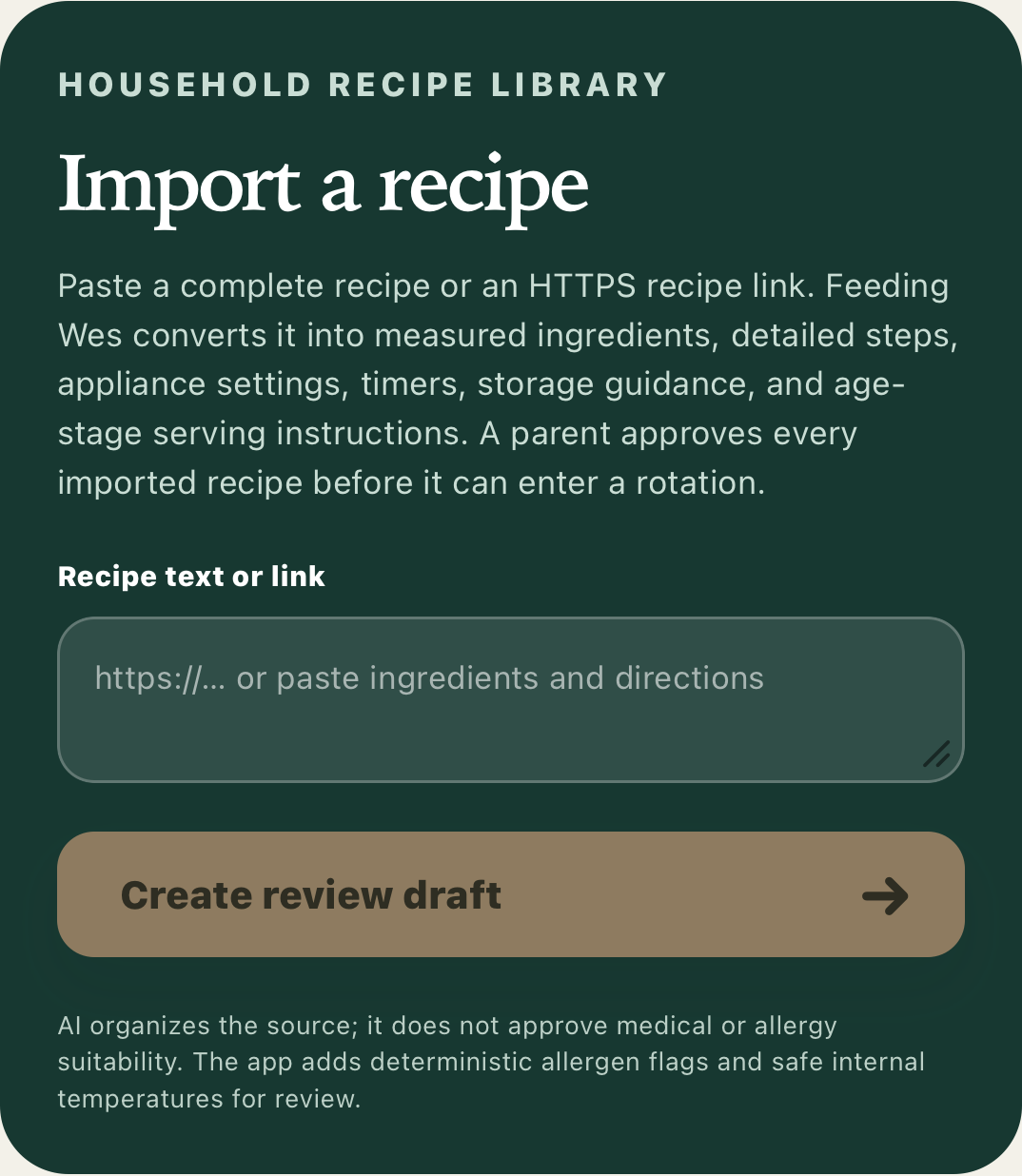 Recipe import panel centered on adding a URL or pasted recipe