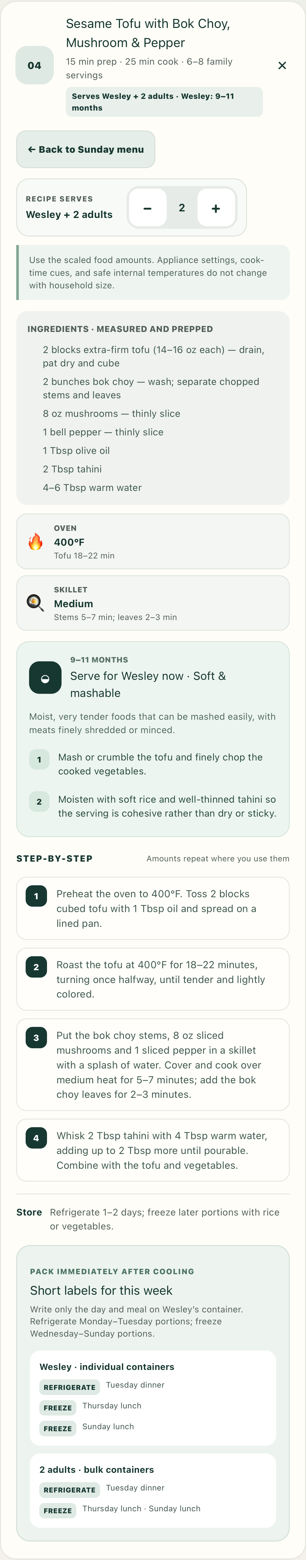 Detailed scalable recipe with ingredients, appliance setting, safe temperature, and numbered steps