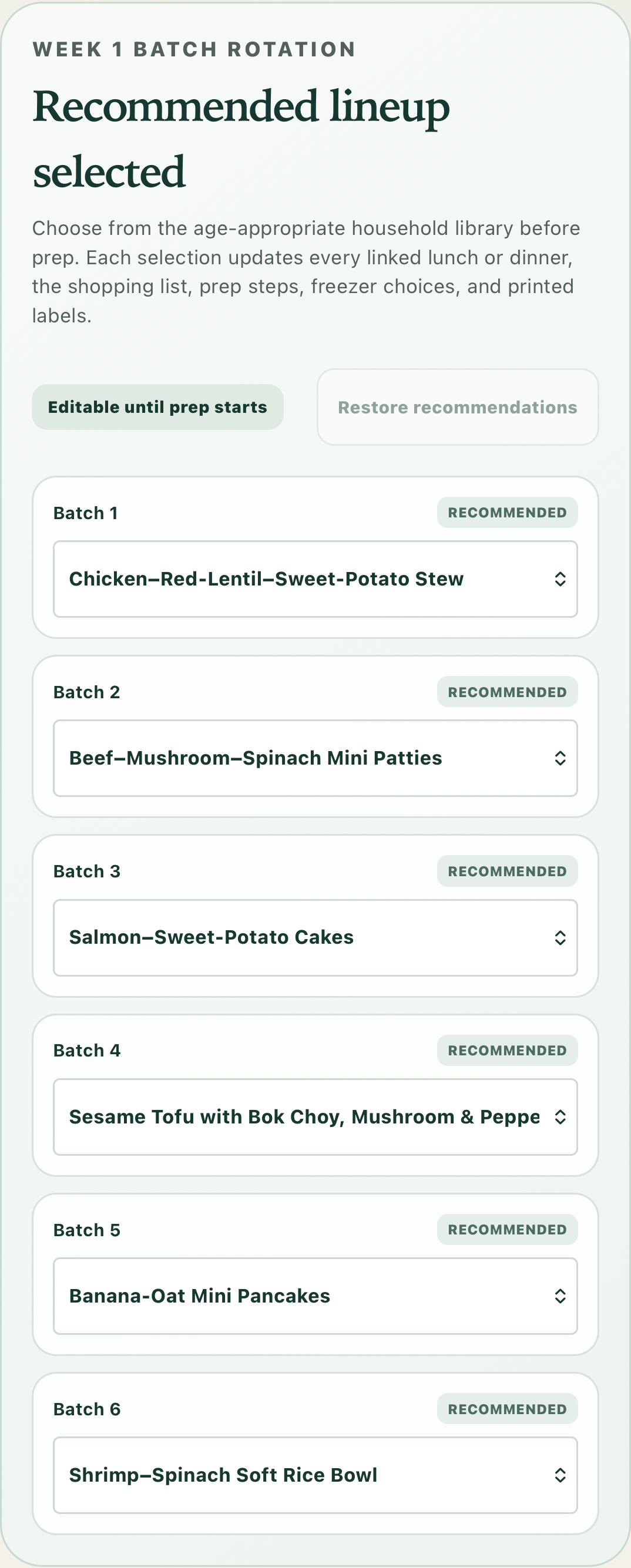 Expanded weekly lineup editor with six swappable recipes