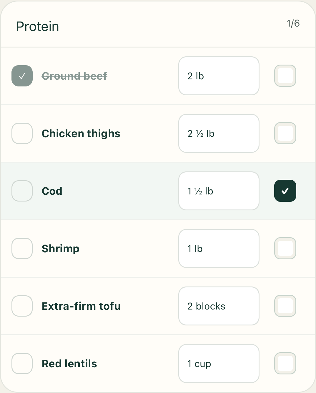 Shopping list with individual purchased checkboxes and ingredient unavailable controls