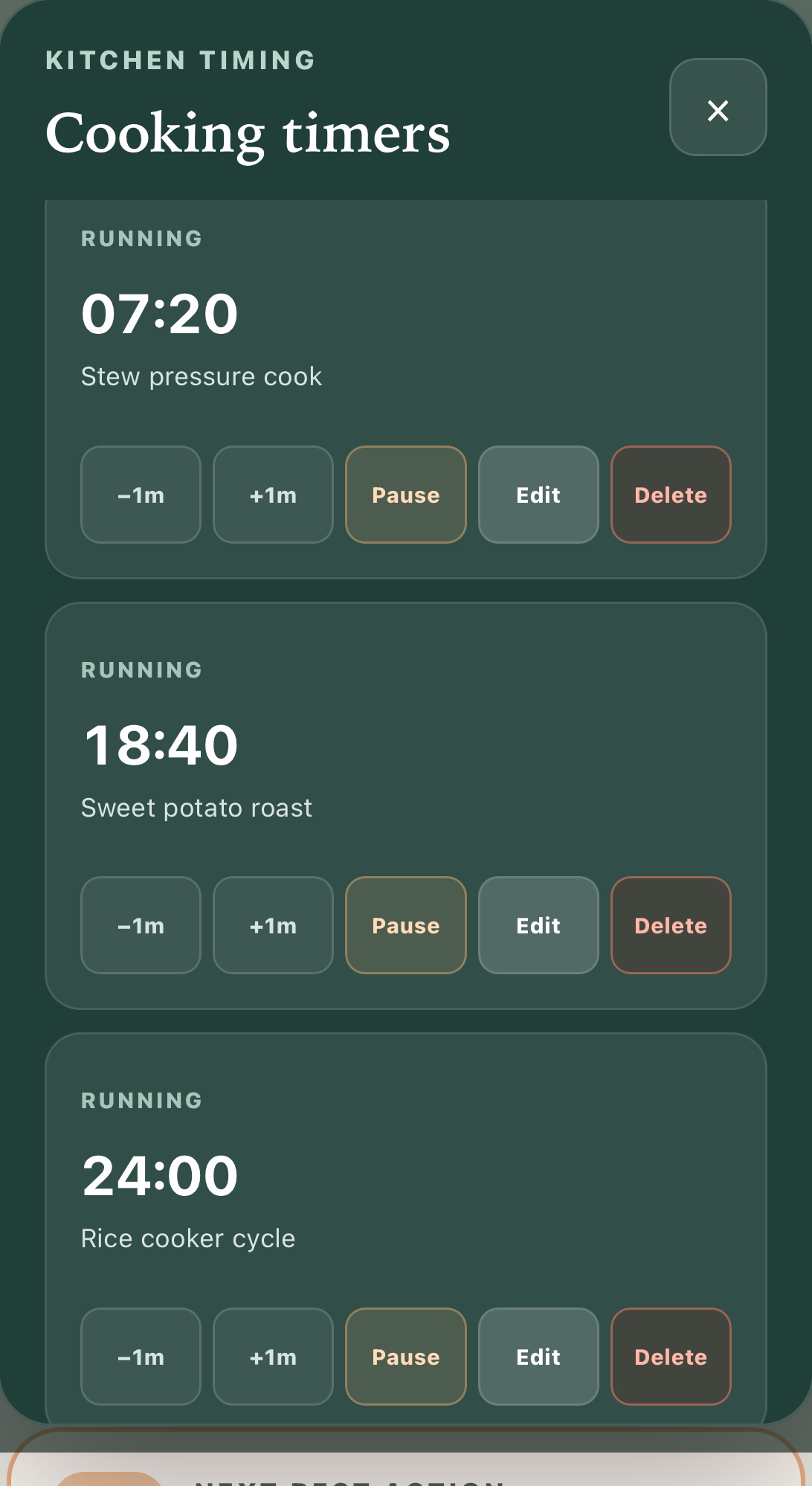 Editable timer dock showing multiple active recipe timers